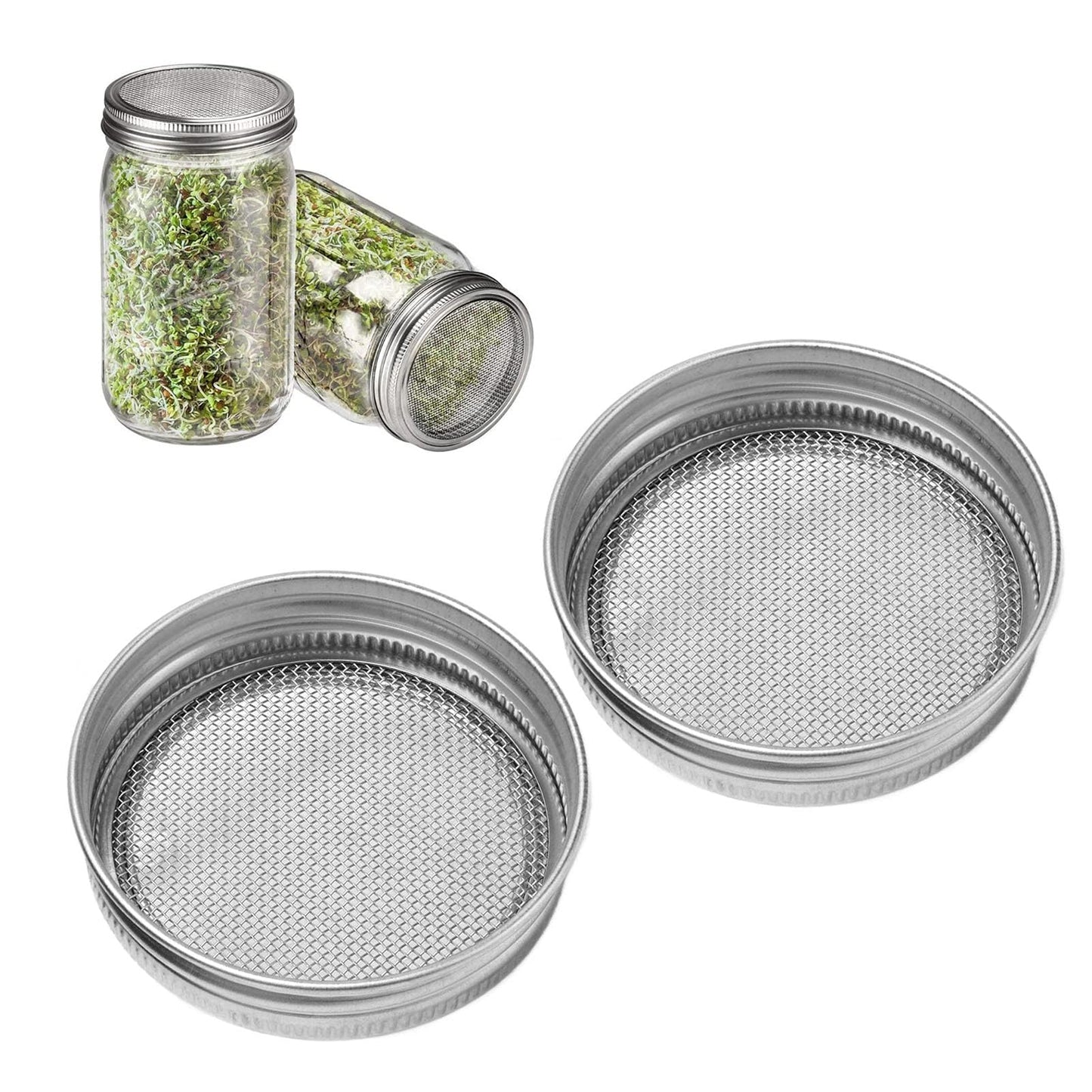 2 Glass Sprouting / Germinating mason Jar mesh lid system w/ carriage holder