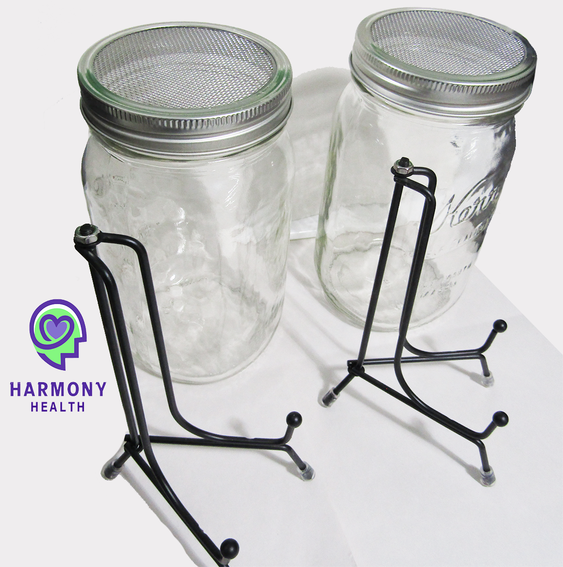 2 Glass Sprouting / Germinating mason Jar mesh lid system w/ carriage holder