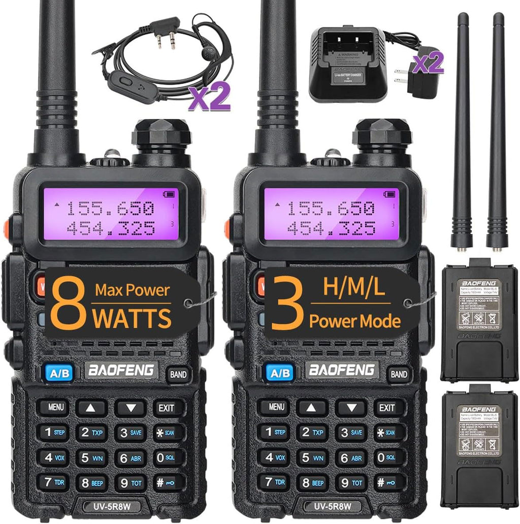 BAOFENG UV-5R 8W Ham Radio Handheld UV5R Long Range Walkie Talkies Rechargeable Dual Band Two Way Radio (Black 2Pack 8W)